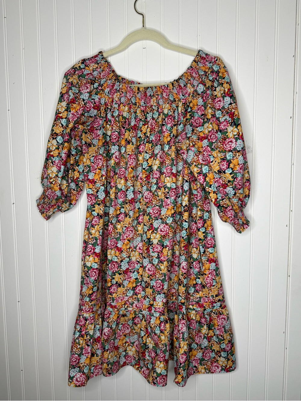 Anthropologie Maeve Off-the-Shoulder Smocked Floral Flounced Mini Dress Large